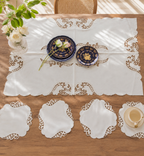 Elegant White Lace Cutwork Table Mat & Placemat Set (7-Piece Set)  (1 Large Center Table Mat + 6 Small Circular Placemats)