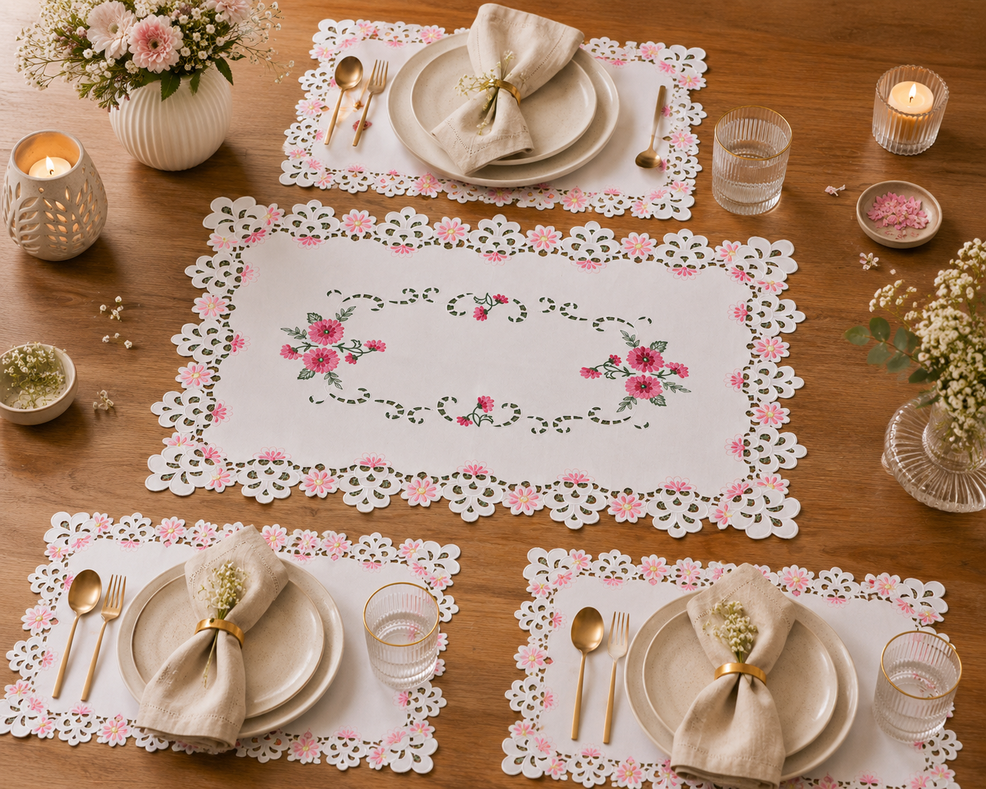 Pink Floral Lace Embroidered Table Mat & Placemat Set (7-Piece Set)  (1 Large Center Table Mat + 6 Small Placemats)