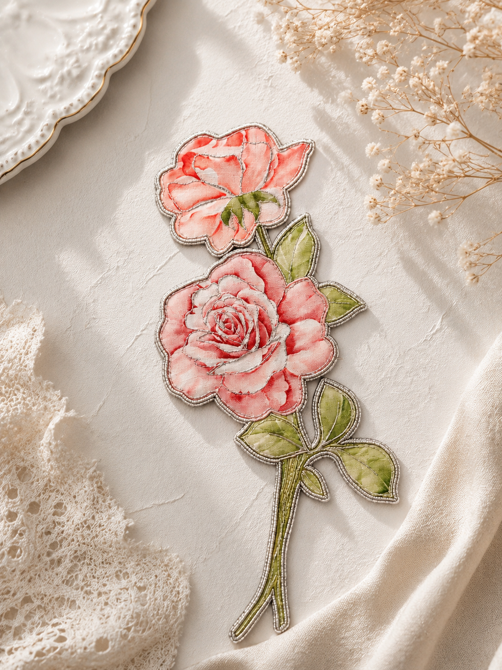 Pink Rose Floral Embroidered Patch Applique