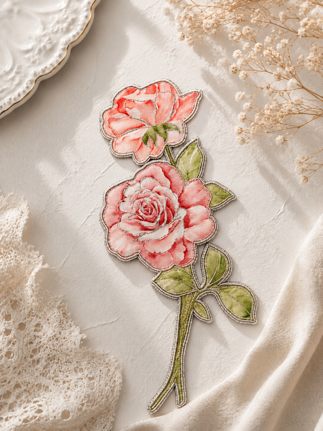 Pink Rose Floral Embroidered Patch Applique