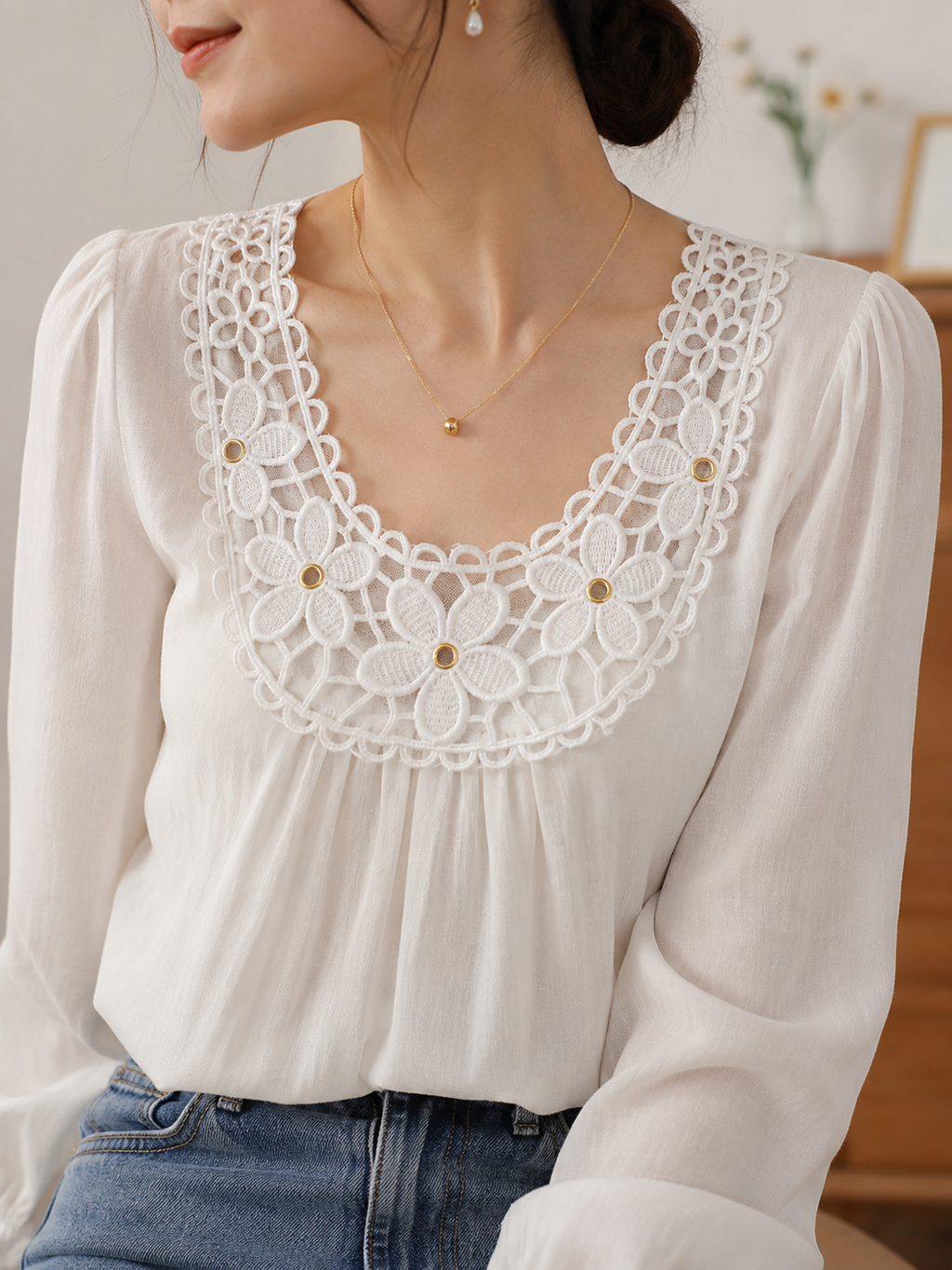 White Floral Embroidered U-Neck Lace Patch with Rivet Eyelet