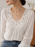 White Floral Embroidered U-Neck Lace Patch with Rivet Eyelet