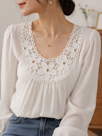 White Floral Embroidered U-Neck Lace Patch with Rivet Eyelet