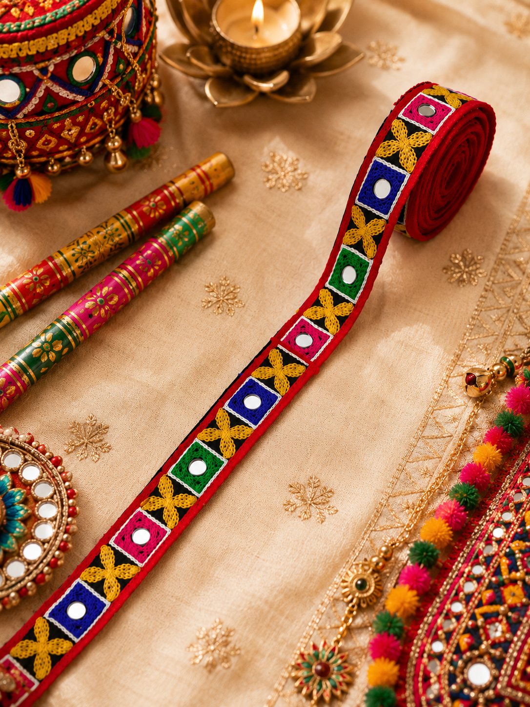 Multicolor Mirror Embroidered Lace 9 mtr (Width - 1 inch)
