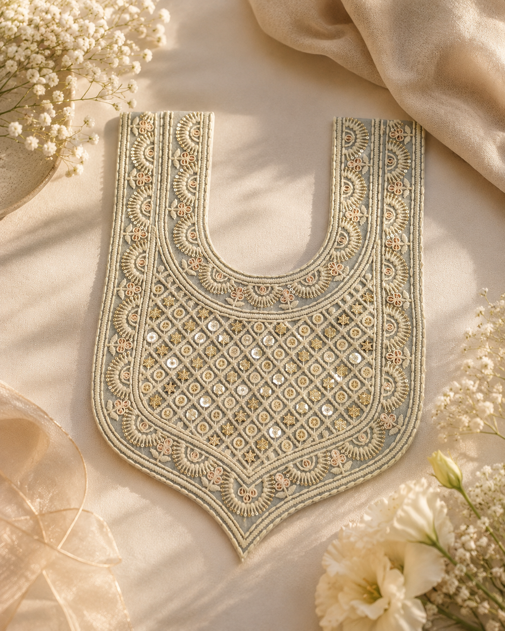 Ivory Embroidered Kurti Front Neck Panel with Sequin & Thread Work