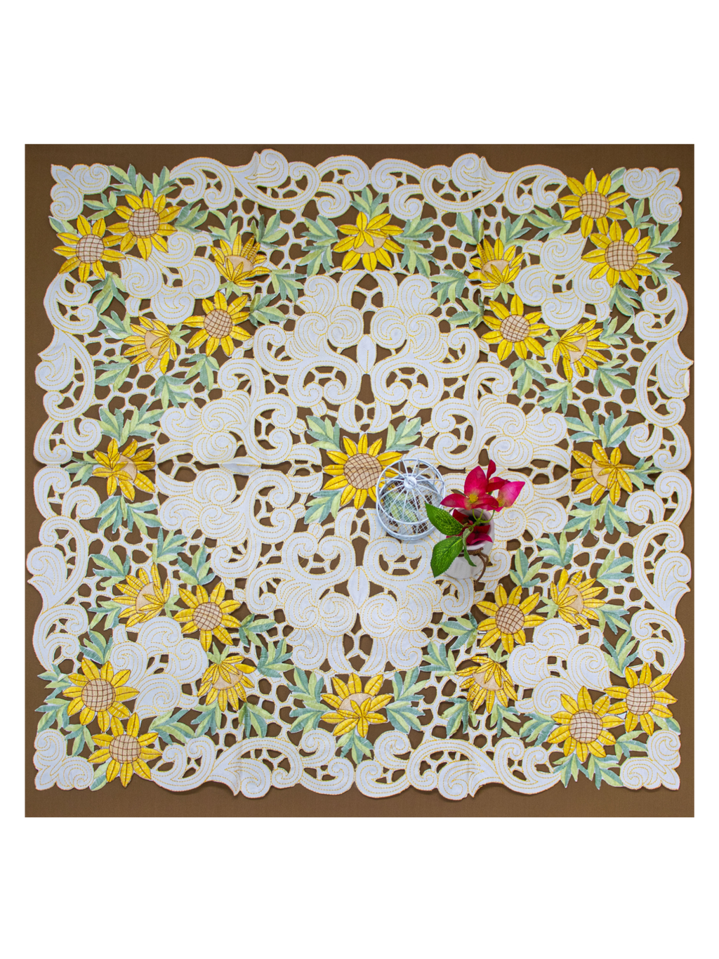 Sunflower Floral Lace Embroidered Square Table Cover (34 × 34 Inch)