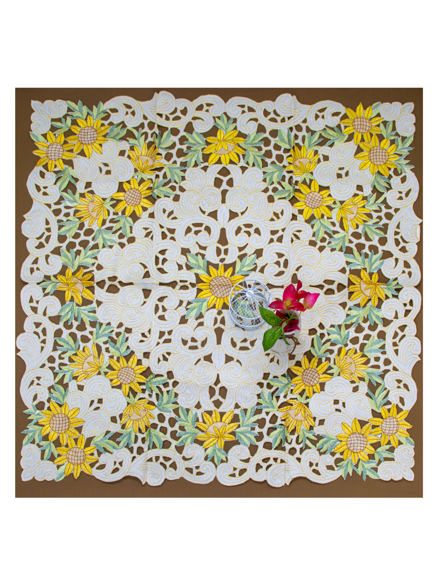 Sunflower Floral Lace Embroidered Square Table Cover (34 × 34 Inch)