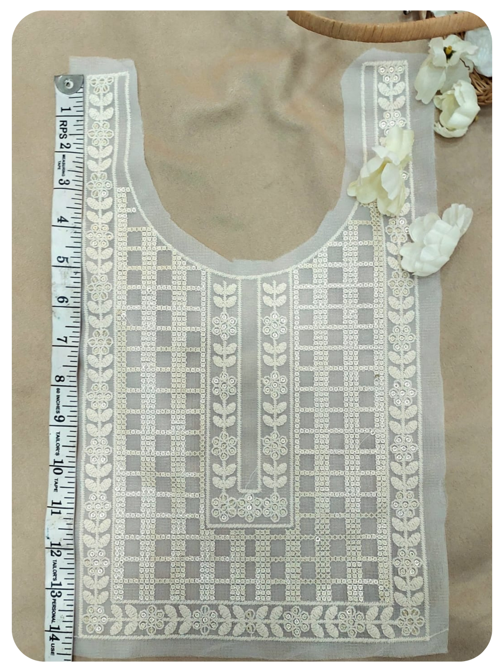White Embroidered Kurti Front Neck Panel with Thread & Sequin Work