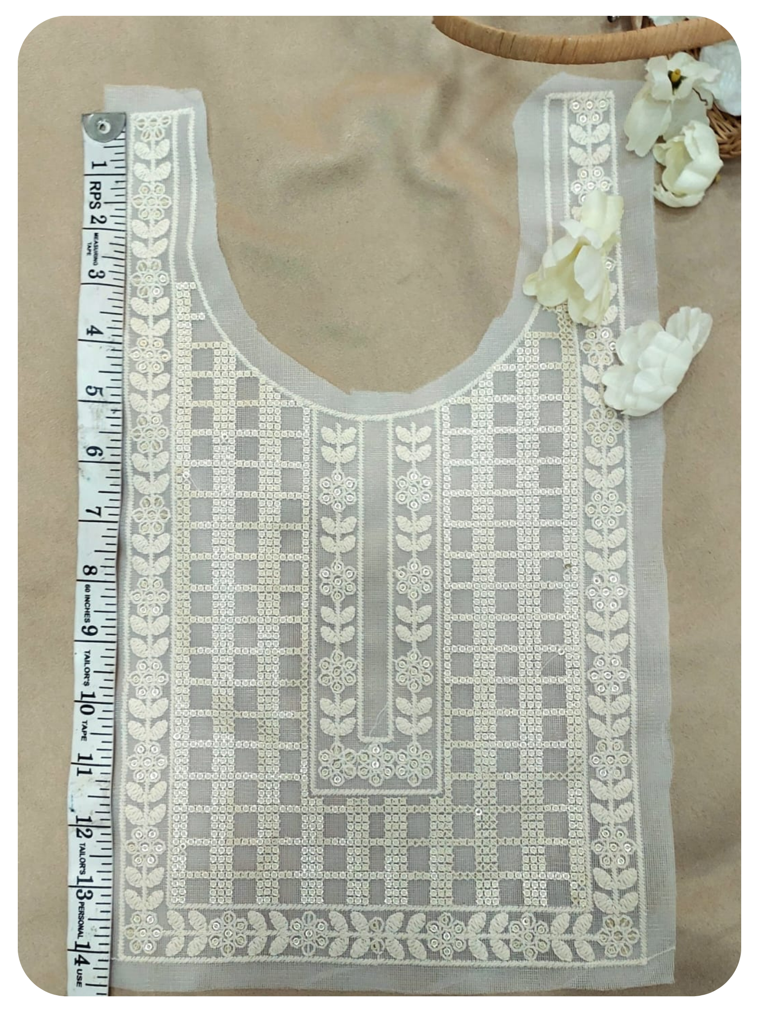 White Embroidered Kurti Front Neck Panel with Thread & Sequin Work
