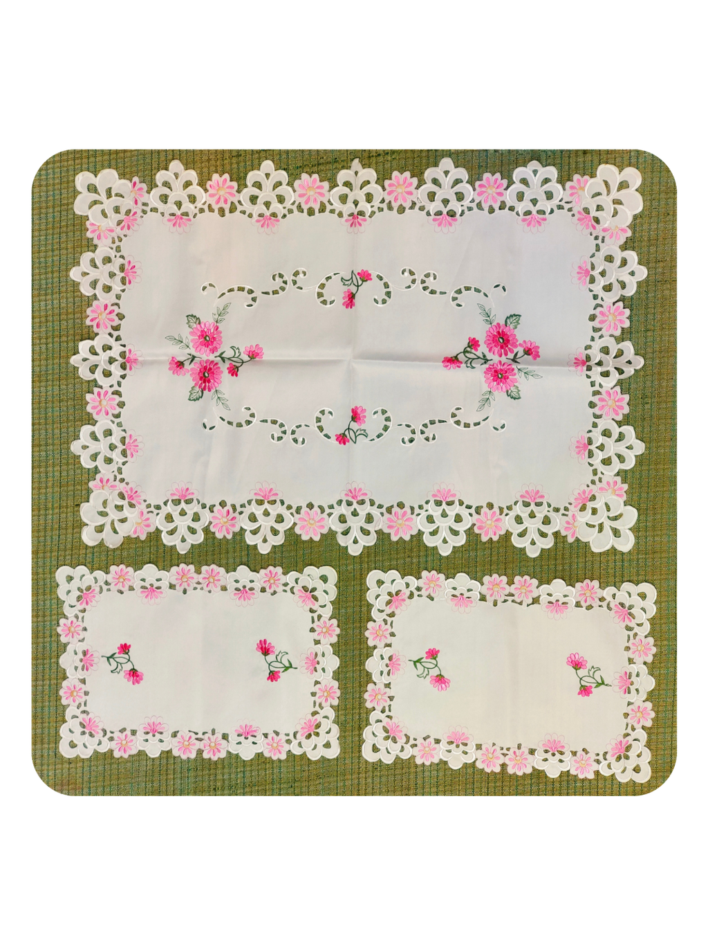 Pink Floral Lace Embroidered Table Mat & Placemat Set (7-Piece Set)  (1 Large Center Table Mat + 6 Small Placemats)