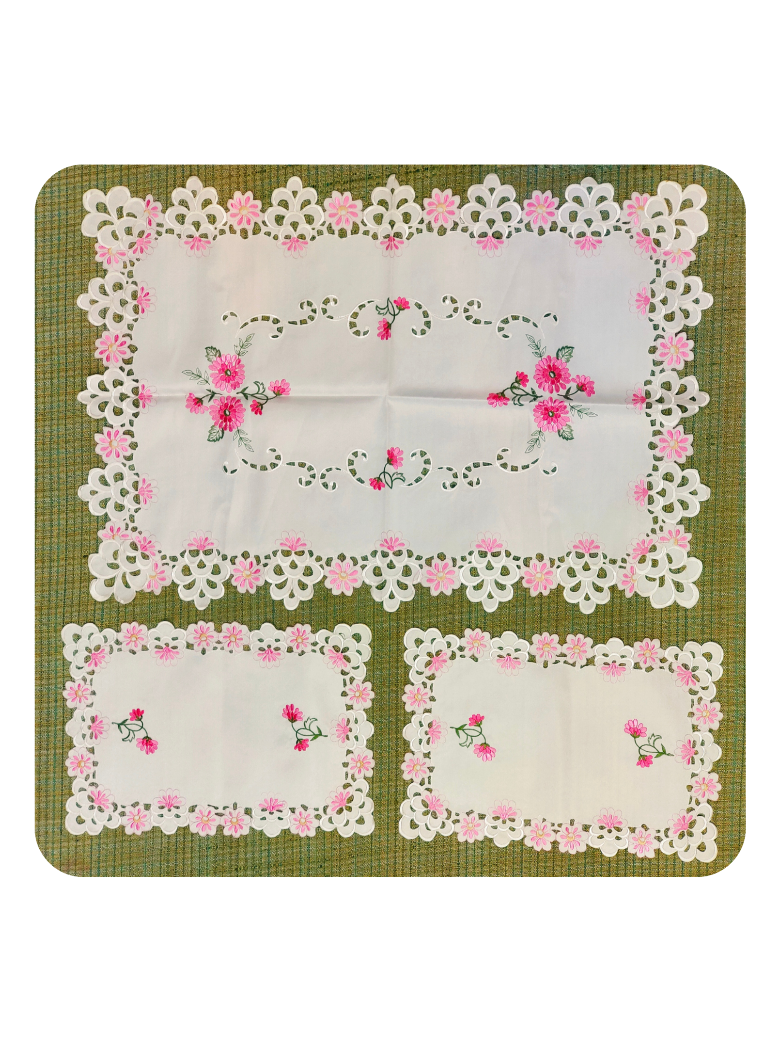 Pink Floral Lace Embroidered Table Mat & Placemat Set (7-Piece Set)  (1 Large Center Table Mat + 6 Small Placemats)