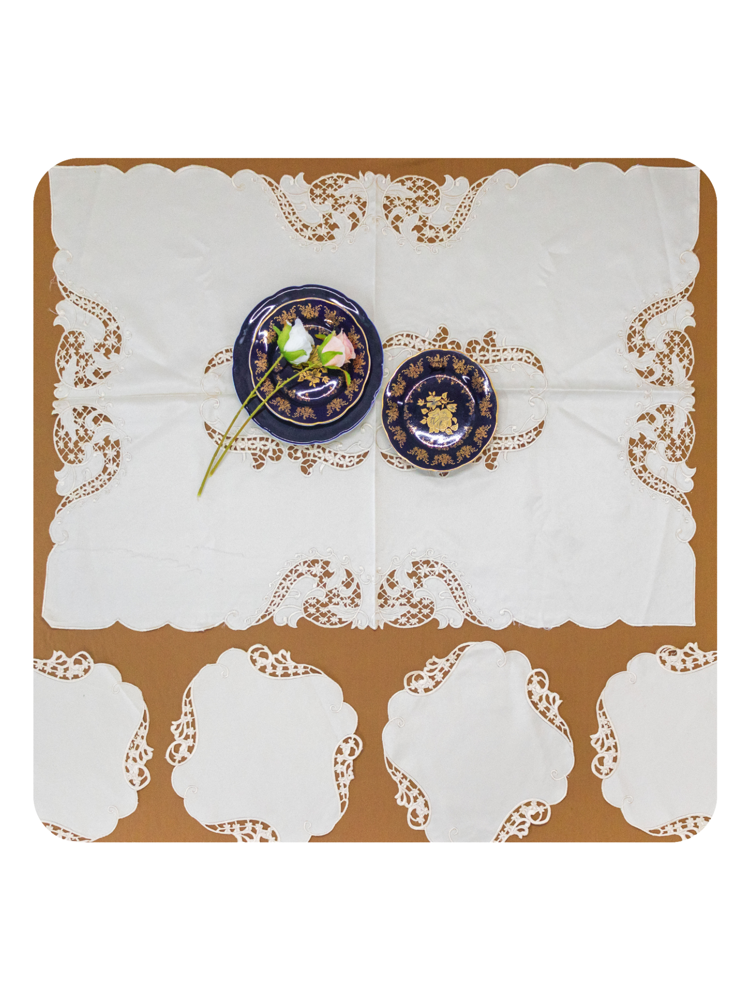Elegant White Lace Cutwork Table Mat & Placemat Set (7-Piece Set)  (1 Large Center Table Mat + 6 Small Circular Placemats)