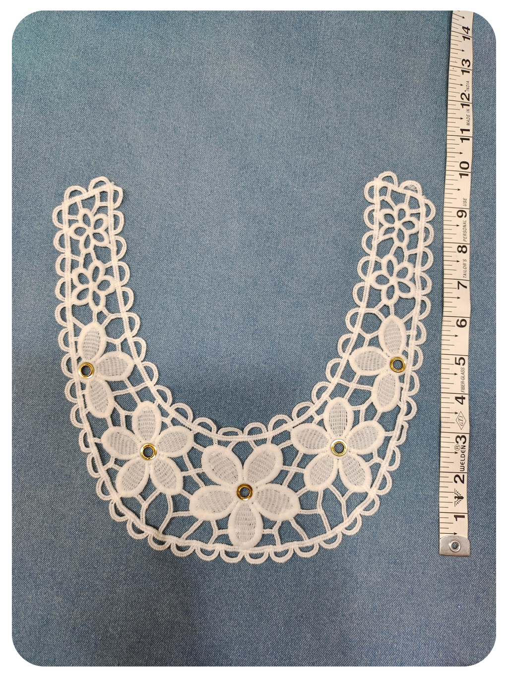 White Floral Embroidered U-Neck Lace Patch with Rivet Eyelet