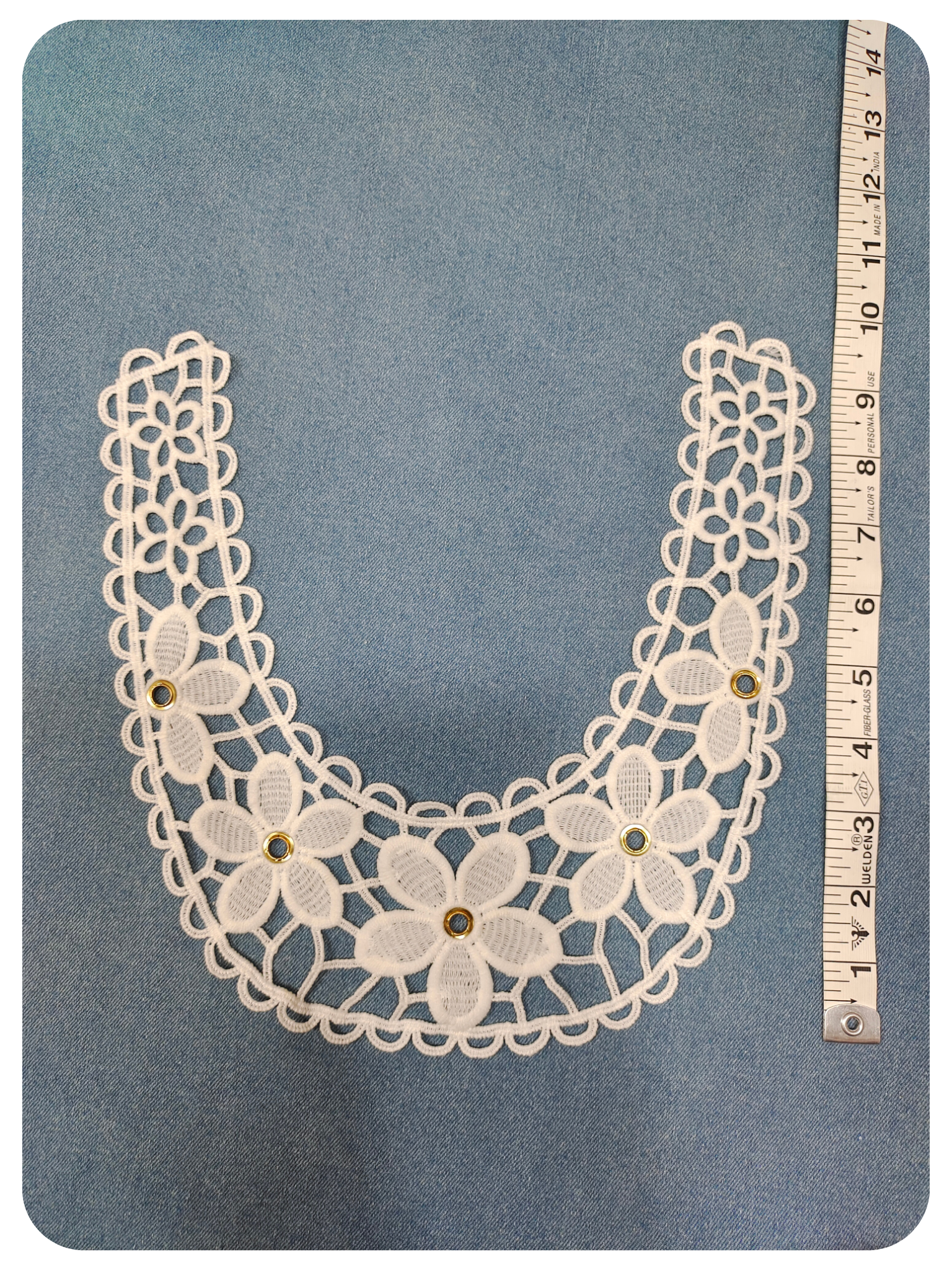 White Floral Embroidered U-Neck Lace Patch with Rivet Eyelet