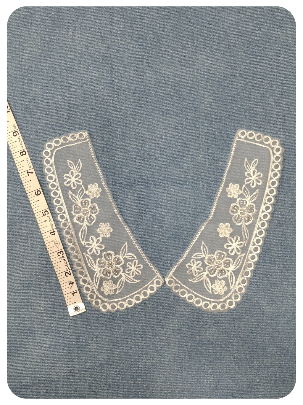 White Floral Embroidered Collar Lace Applique Pair with Loop Border