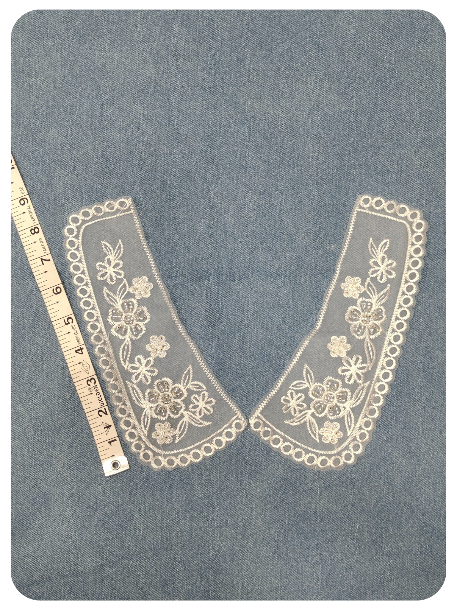 White Floral Embroidered Collar Lace Applique Pair with Loop Border