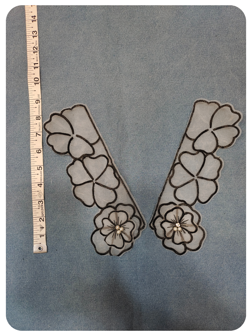 Black Floral Embroidered Collar Lace Applique Pair with Pearl Detailing