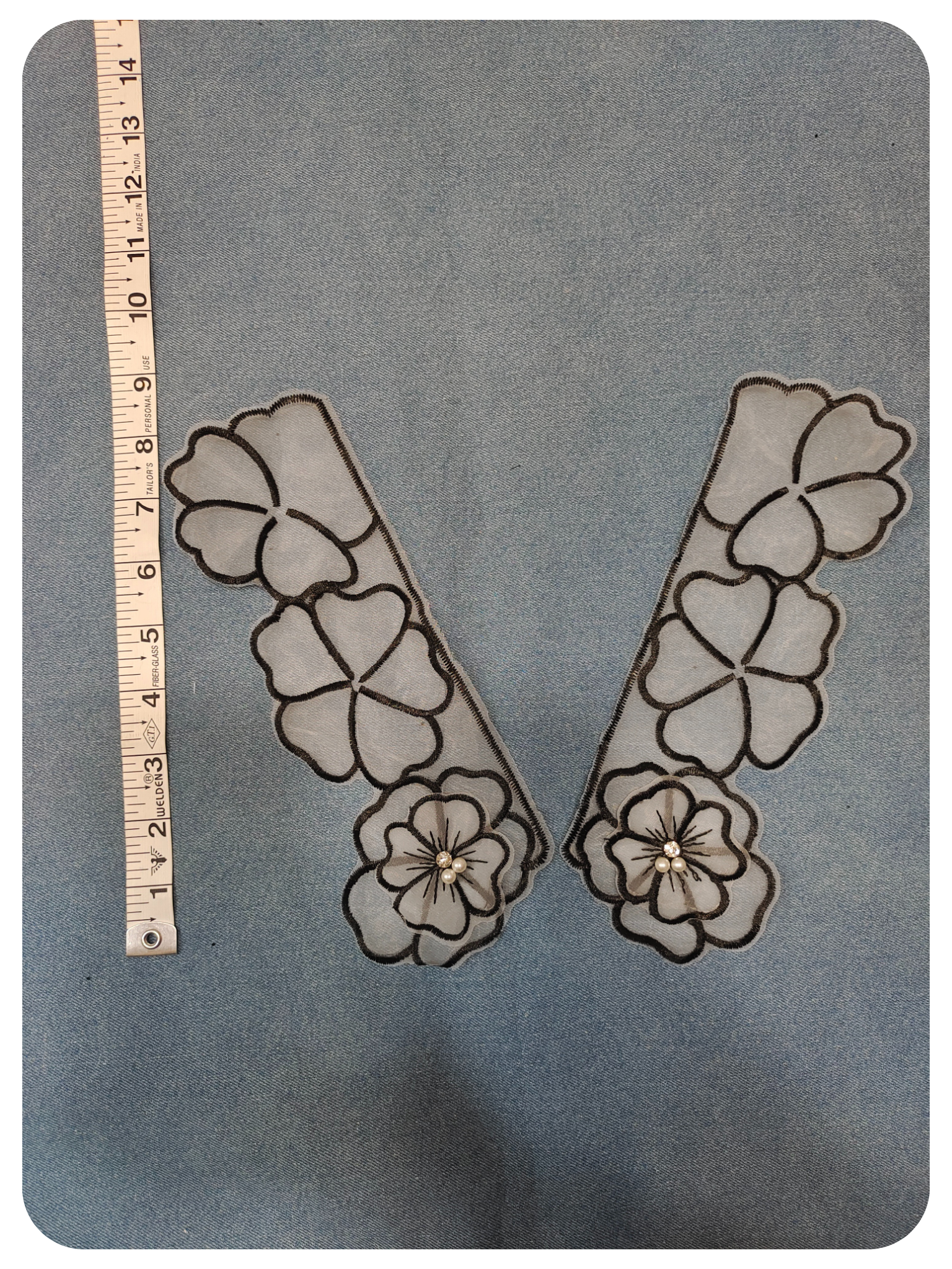 Black Floral Embroidered Collar Lace Applique Pair with Pearl Detailing
