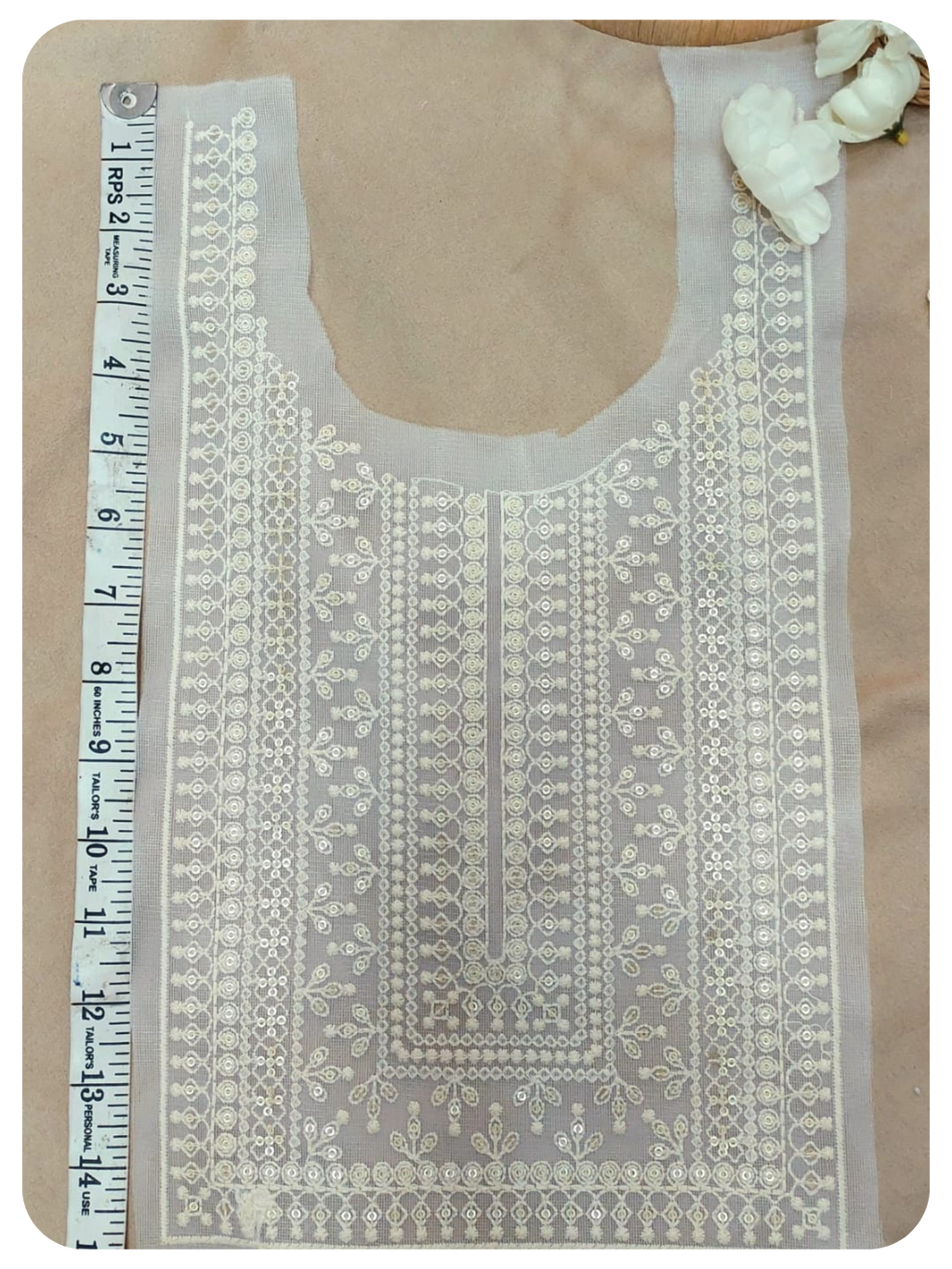 White Embroidered Kurti Front Neck Panel with Sequin Work