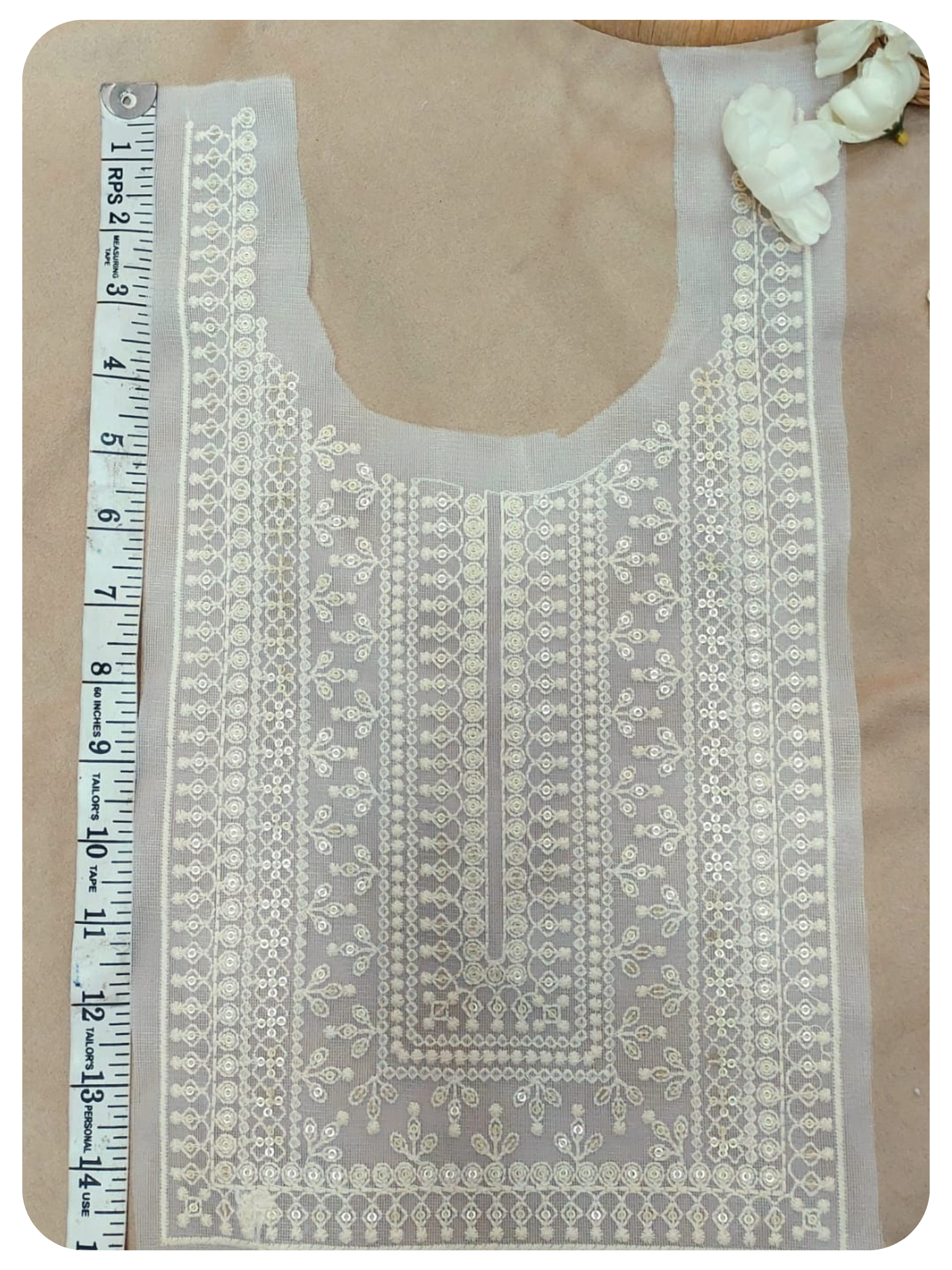 White Embroidered Kurti Front Neck Panel with Sequin Work