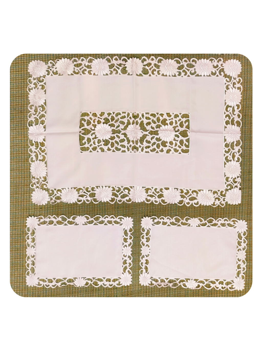 White Floral Lace Embroidered Table Mat & Placemat Set (7-Piece Set) (1 Large Center Table Mat + 6 Small Placemats)