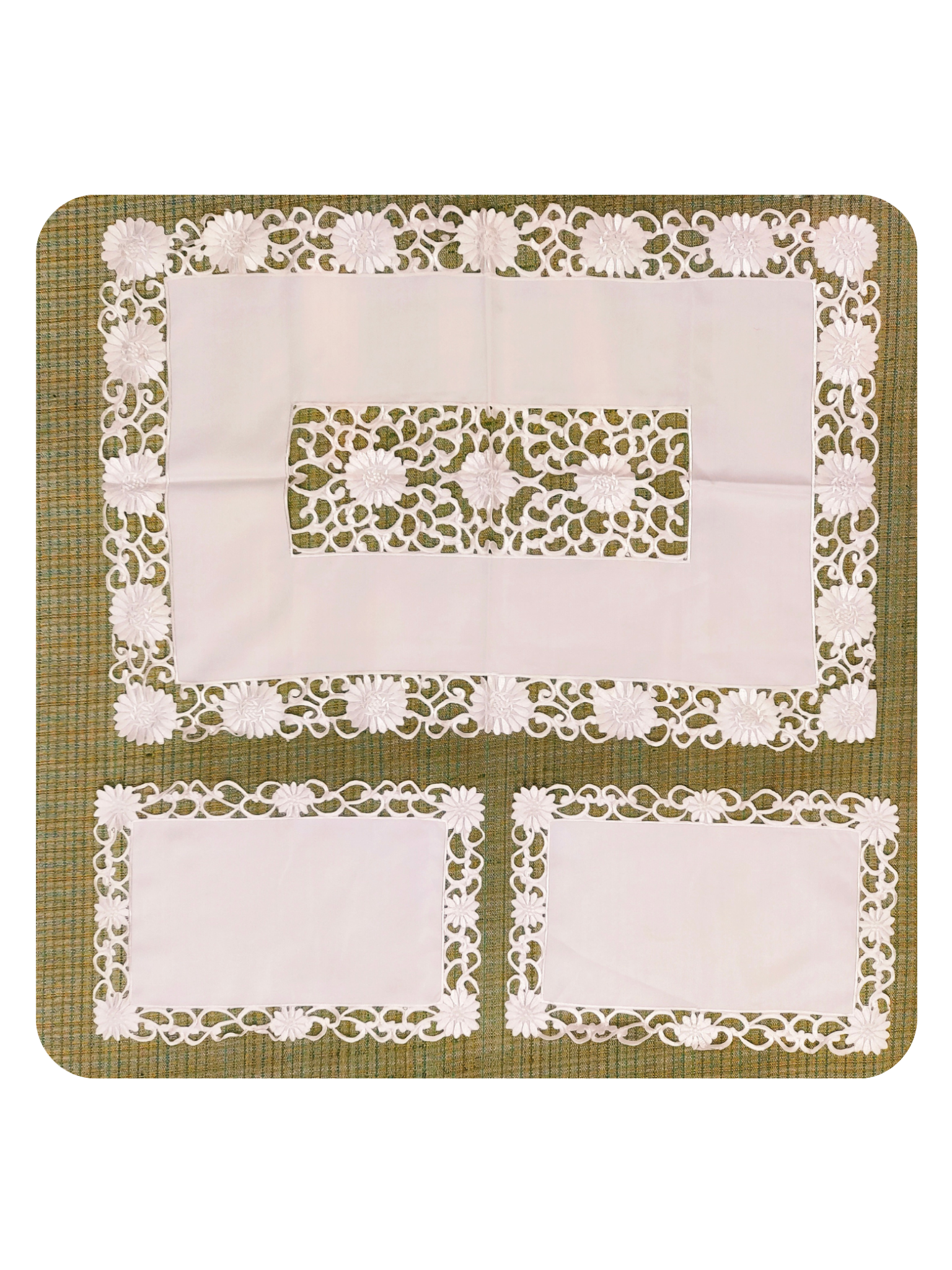 White Floral Lace Embroidered Table Mat & Placemat Set (7-Piece Set) (1 Large Center Table Mat + 6 Small Placemats)