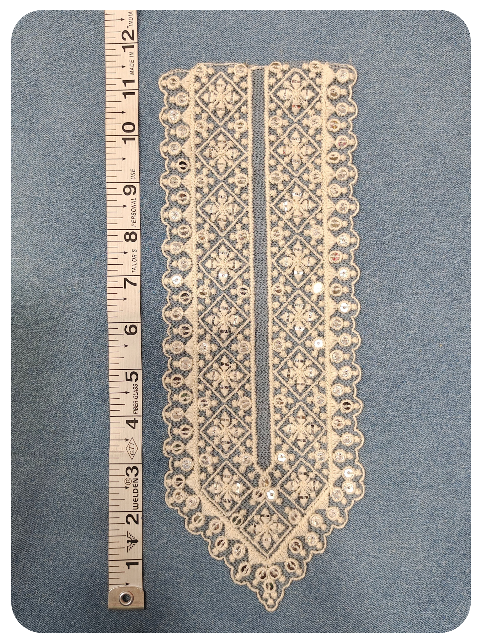 White Embroidered Neckline Lace Patch with Mirror Work