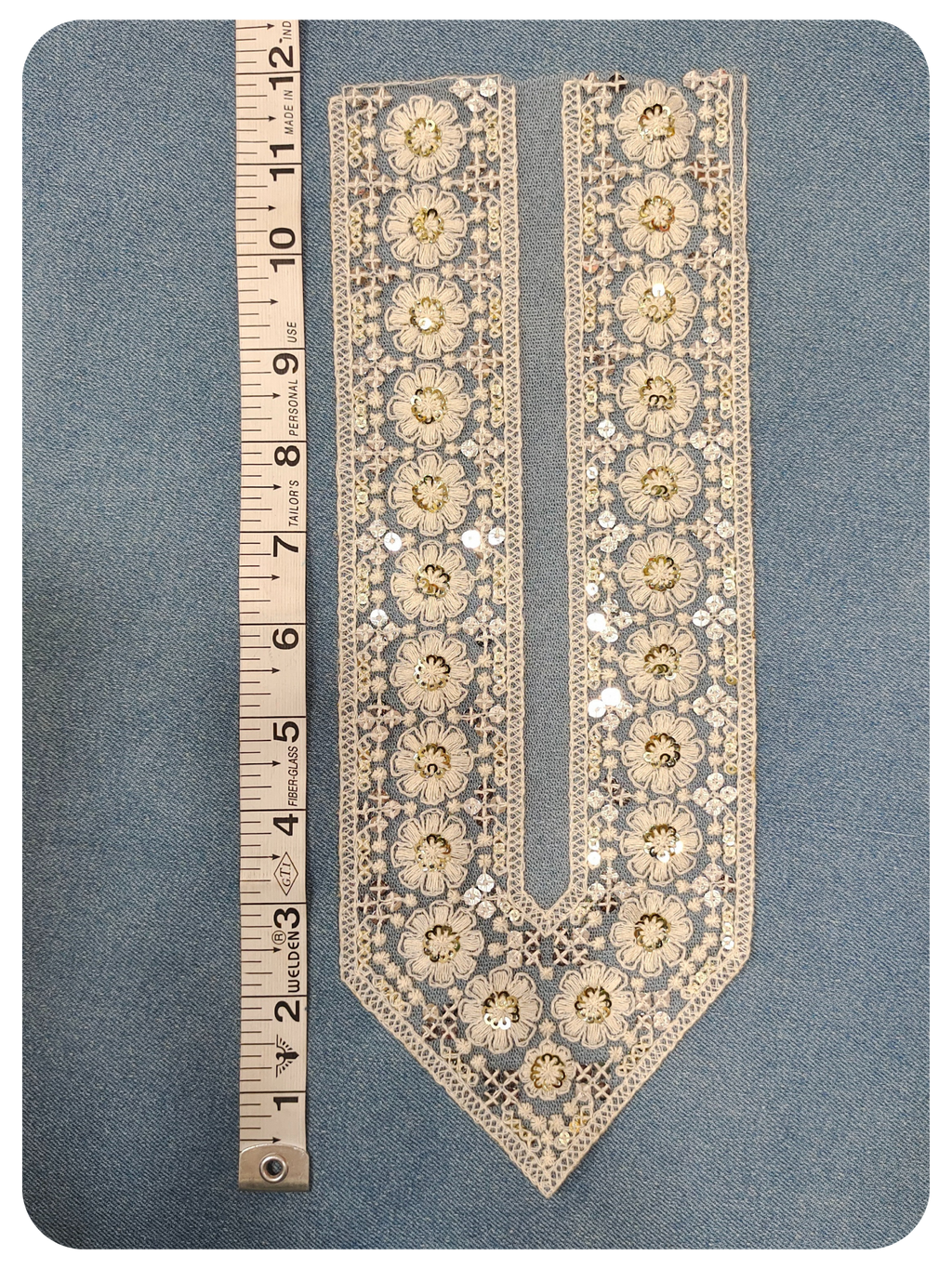 White Floral Embroidered V-Neck Lace Patch with Sequin Work