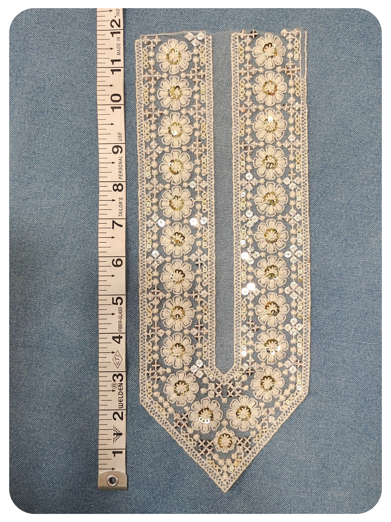White Floral Embroidered V-Neck Lace Patch with Sequin Work