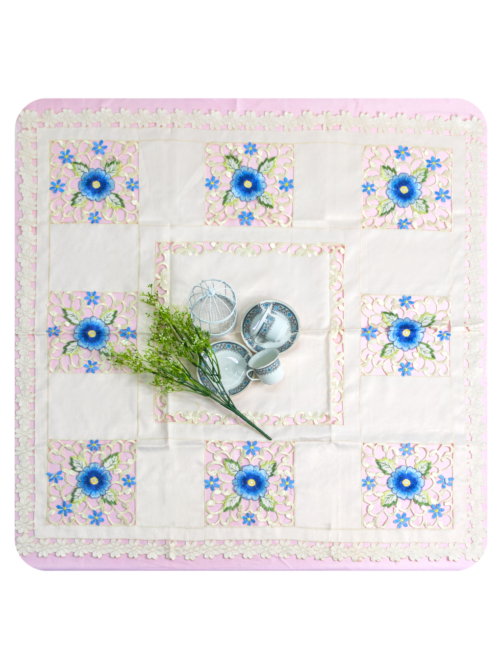 Blue Floral Lace Embroidered Square Table Cover (34 × 34 Inch)