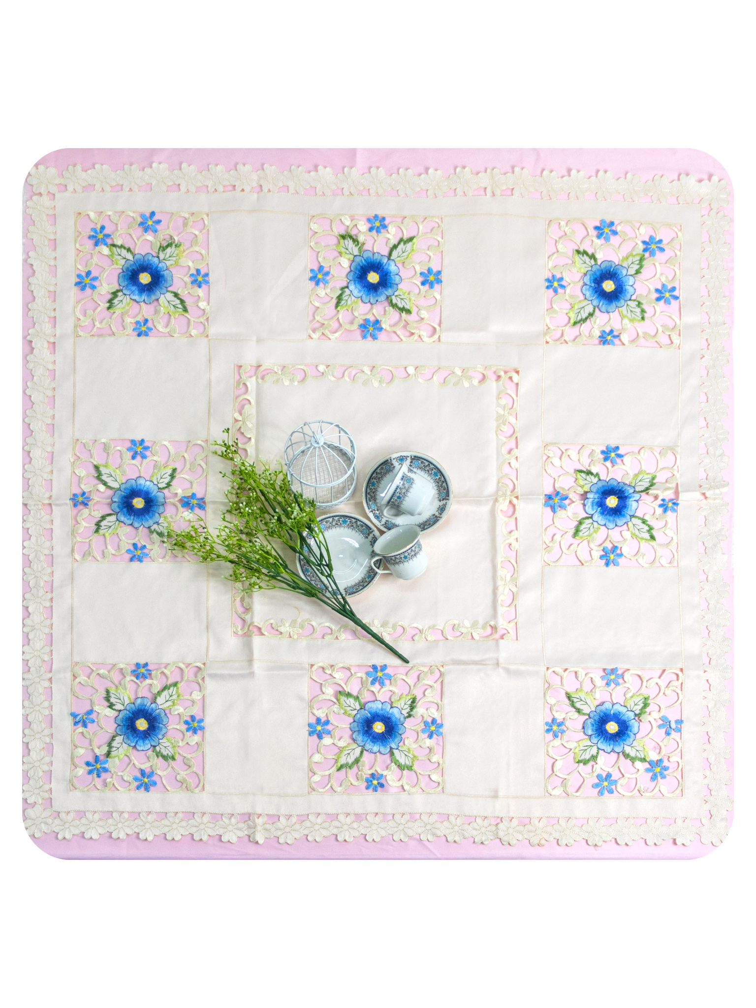 Blue Floral Lace Embroidered Square Table Cover (34 × 34 Inch)