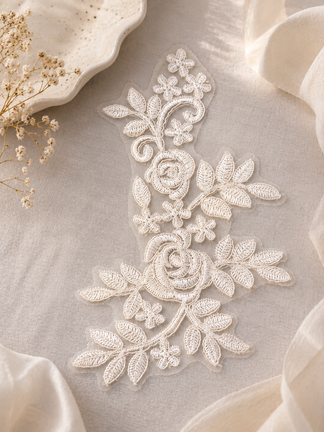 Corded embroidered Rose appliqué 10"