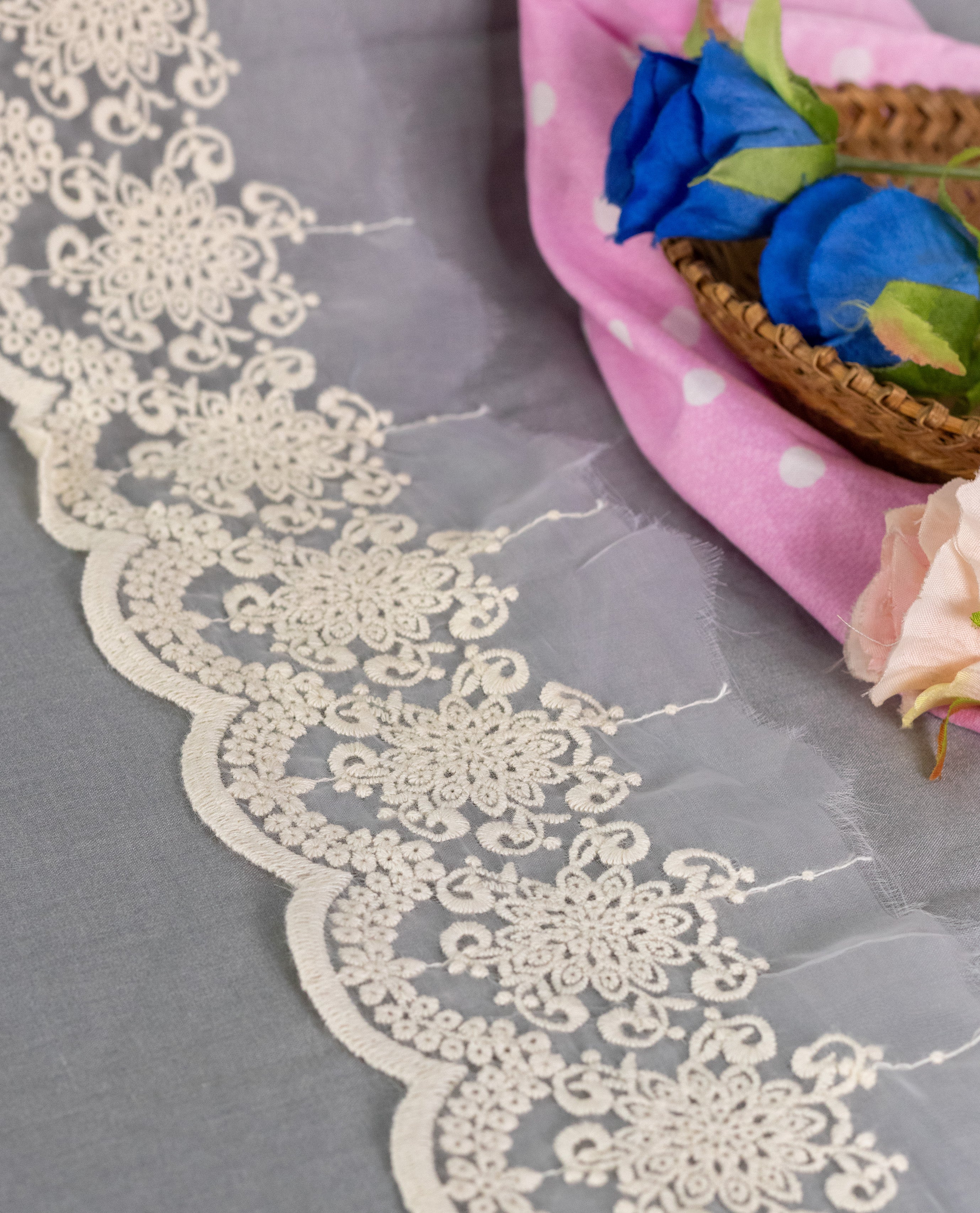 Organza Lace - Ivory Floral Cotton Thread Organza Lace Border (Width - 4 inch)
