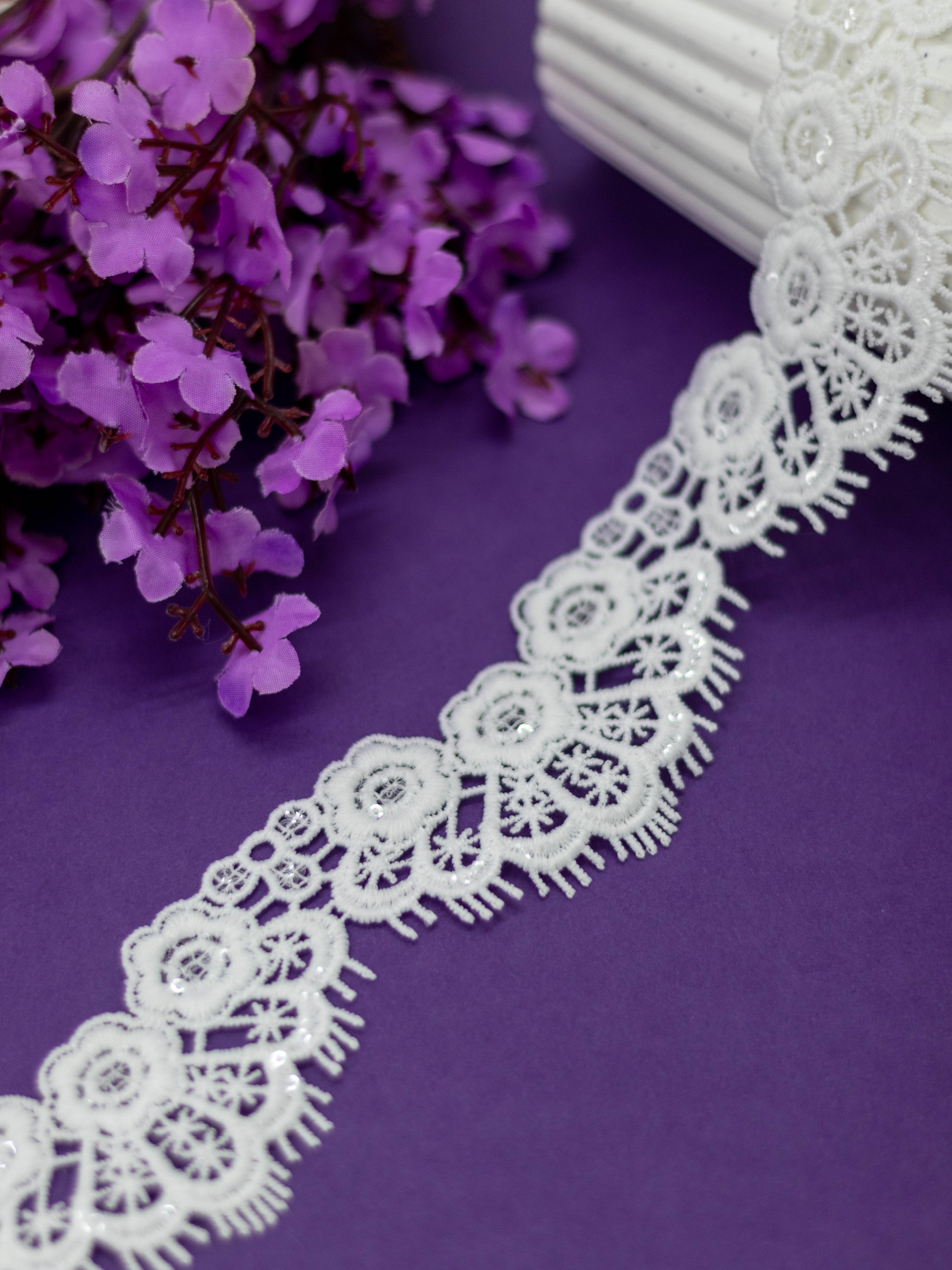 GPO Lace - Floral Motifs, Scalloped Edge & Sequin Accents (Width - 1.75 Inch)