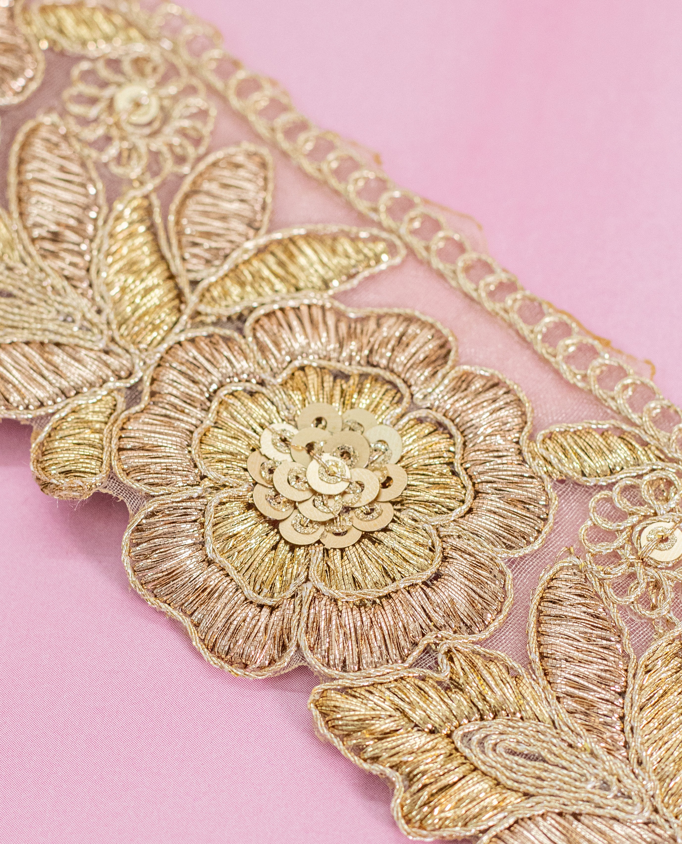 Gold Lace - Gold and Silver Zari Embroidered Roses (Width - 2 inch)