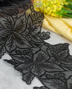 Organza Lace - Black Floral Motif Border with Sequins (Width - 7 inch)