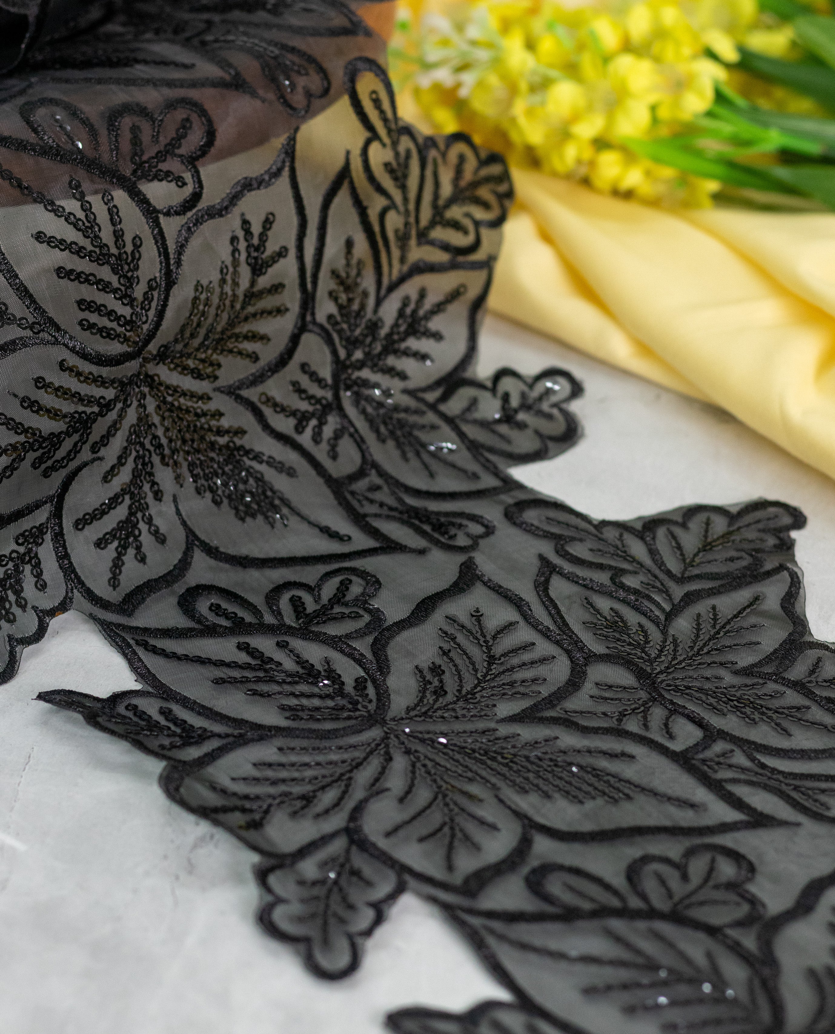 Organza Lace - Black Floral Motif Border with Sequins (Width - 7 inch)
