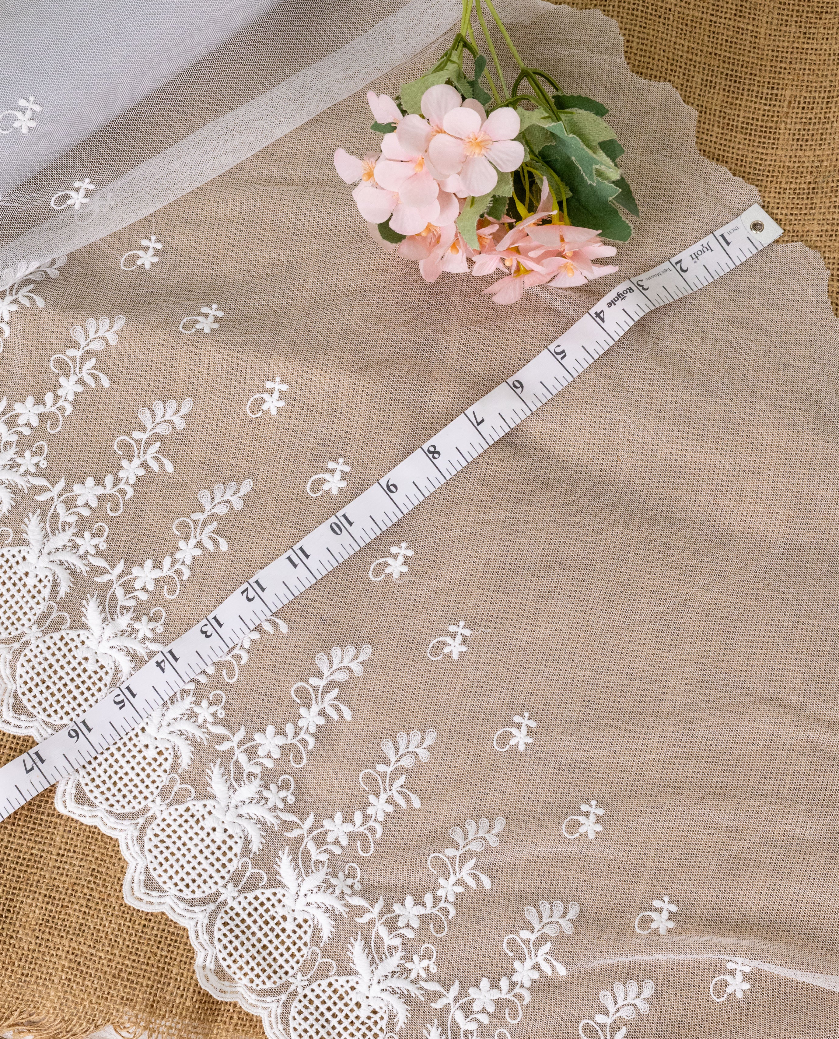 Net Lace - Elegant White Floral Net Embroidered Scallop Lace Fabric(Width - 17 inch)