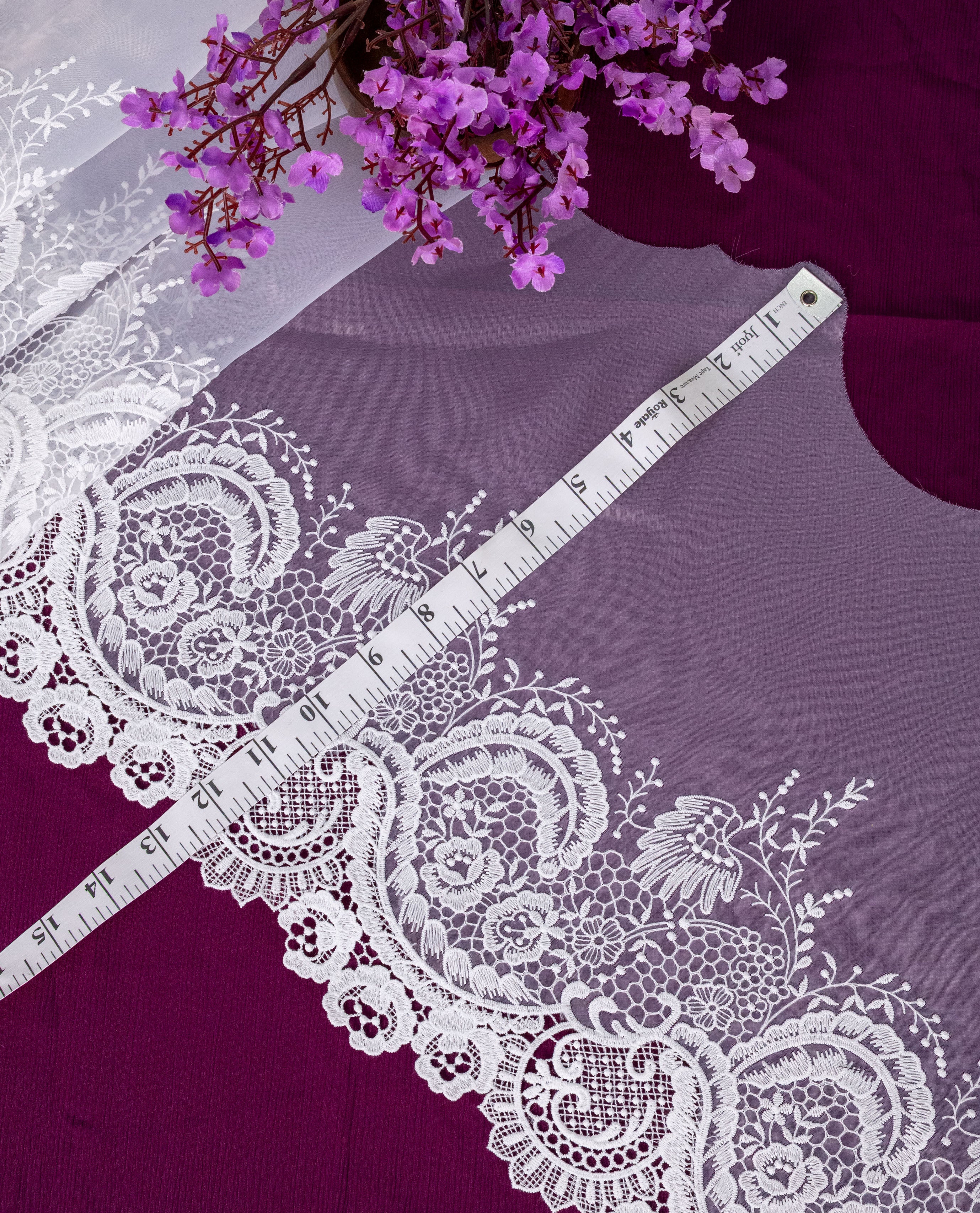 Organza Lace - Royal White Floral Organza Embroidered Lace Border (Width - 13 inch)