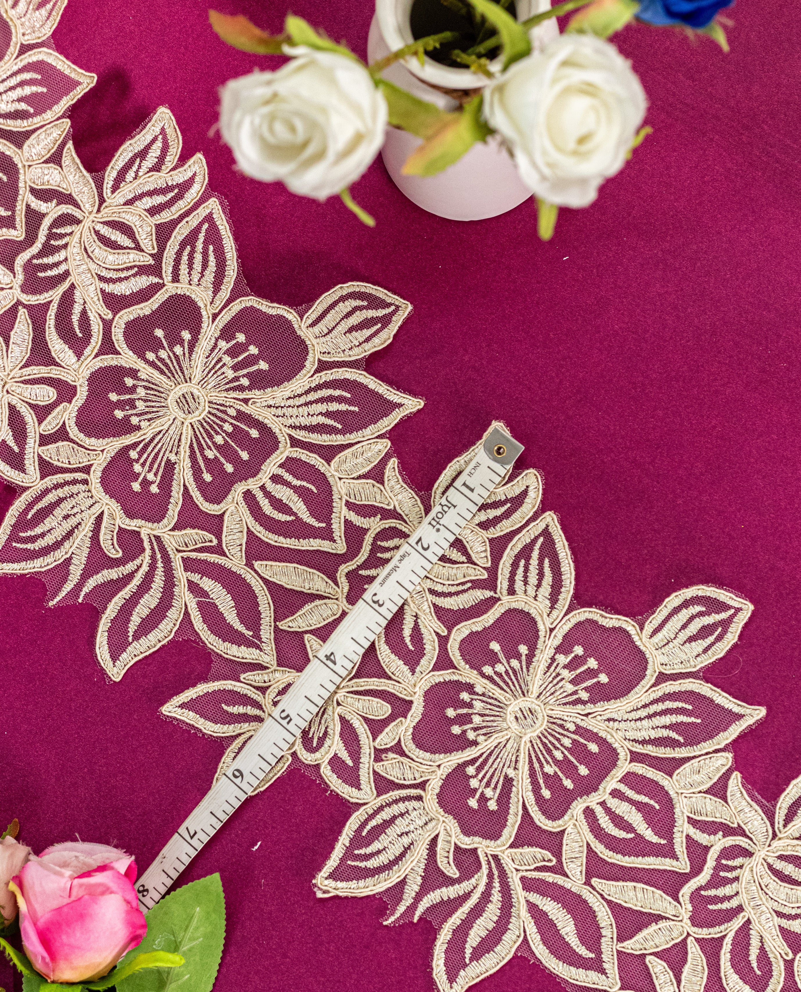 Gold Lace - Dull Gold Floral Embroidered Net Lace Border (Width -