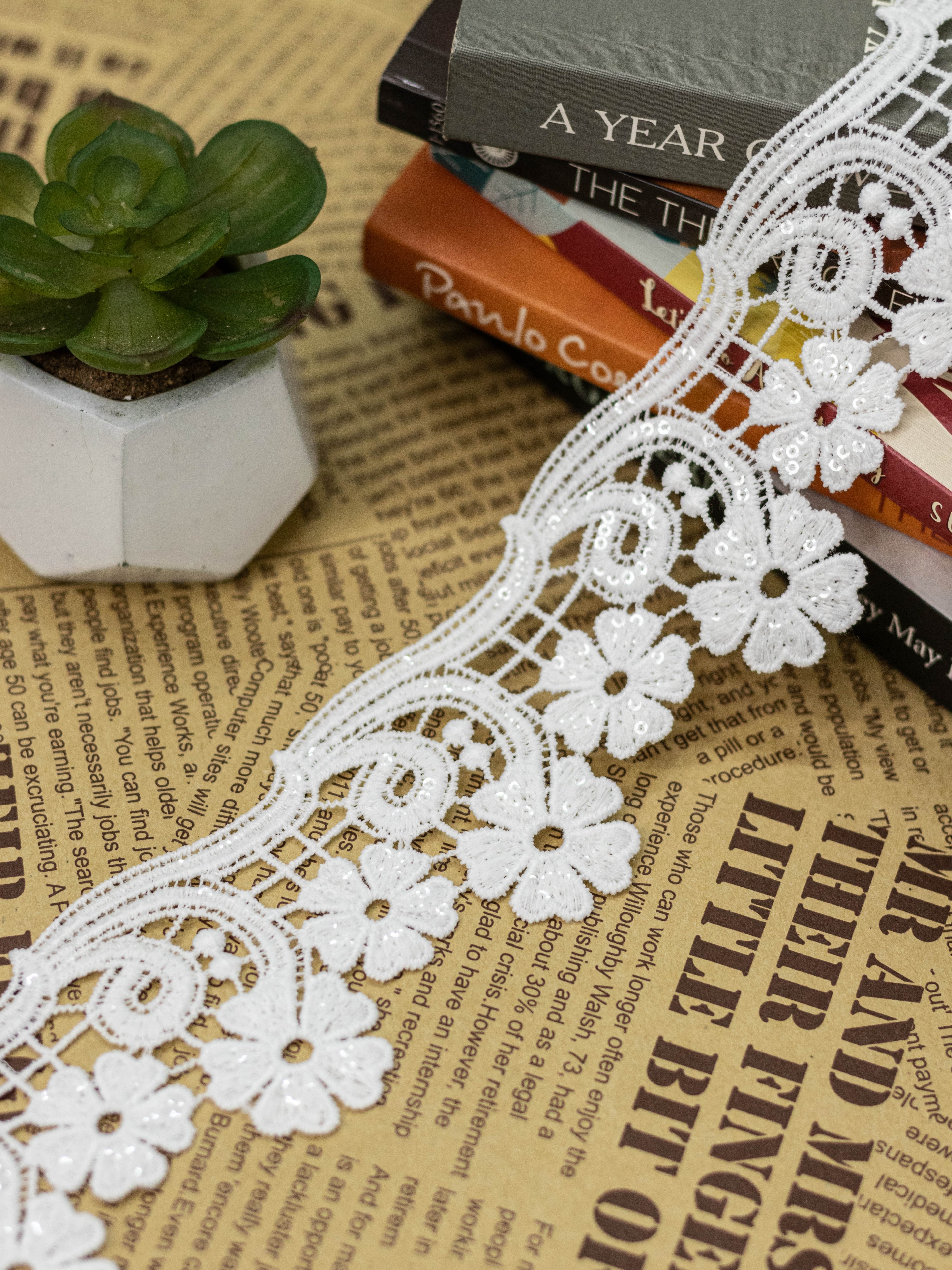 GPO Lace - Hanging Daisy Floral Motifs & Sequin Highlights  (Width - 2.5 Inch )