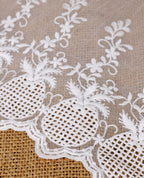 Net Lace - Elegant White Floral Net Embroidered Scallop Lace Fabric(Width - 17 inch)