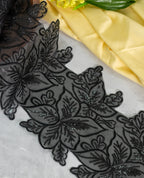 Organza Lace - Black Floral Motif Border with Sequins (Width - 7 inch)