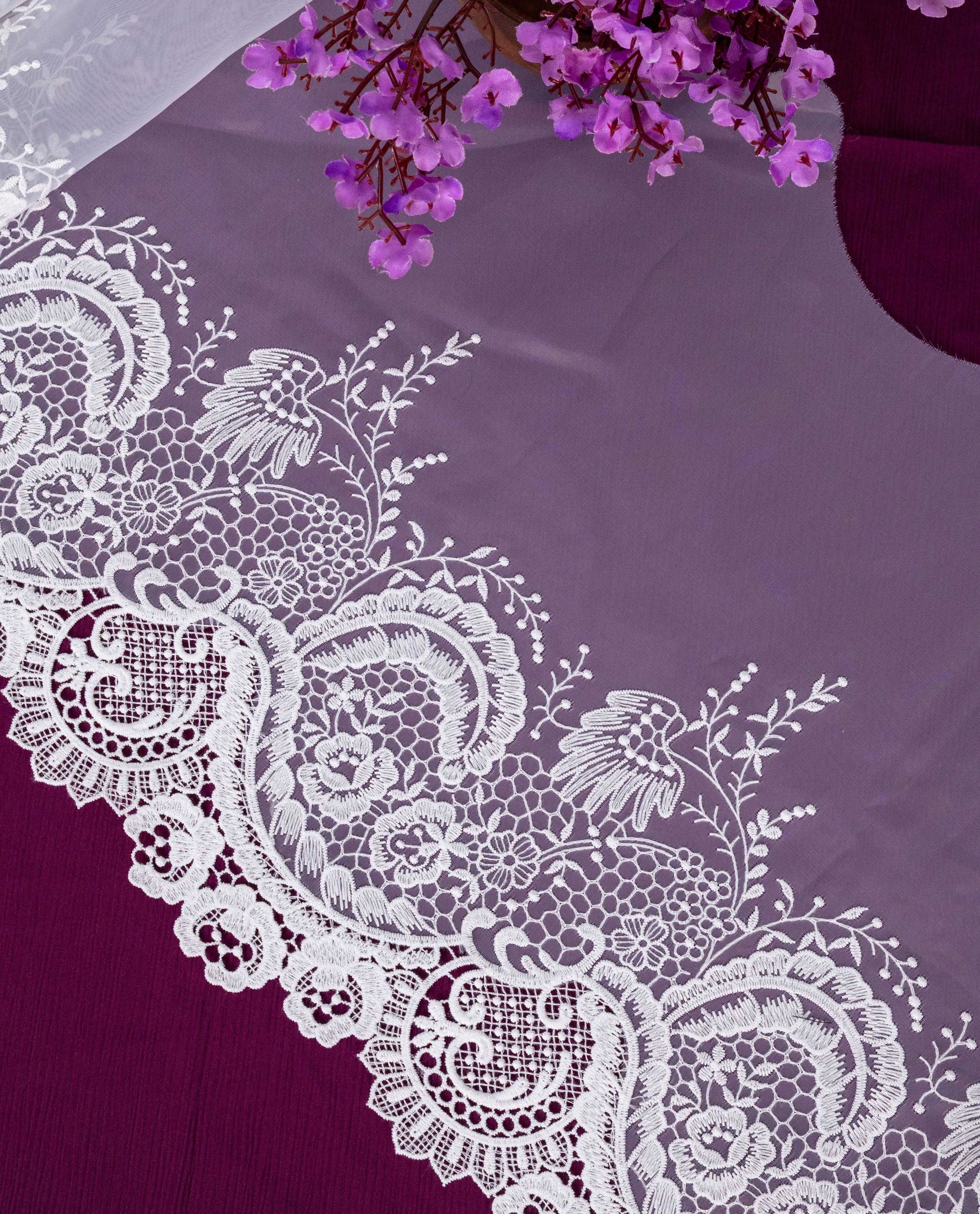 Organza Lace - Royal White Floral Organza Embroidered Lace Border (Width - 13 inch)