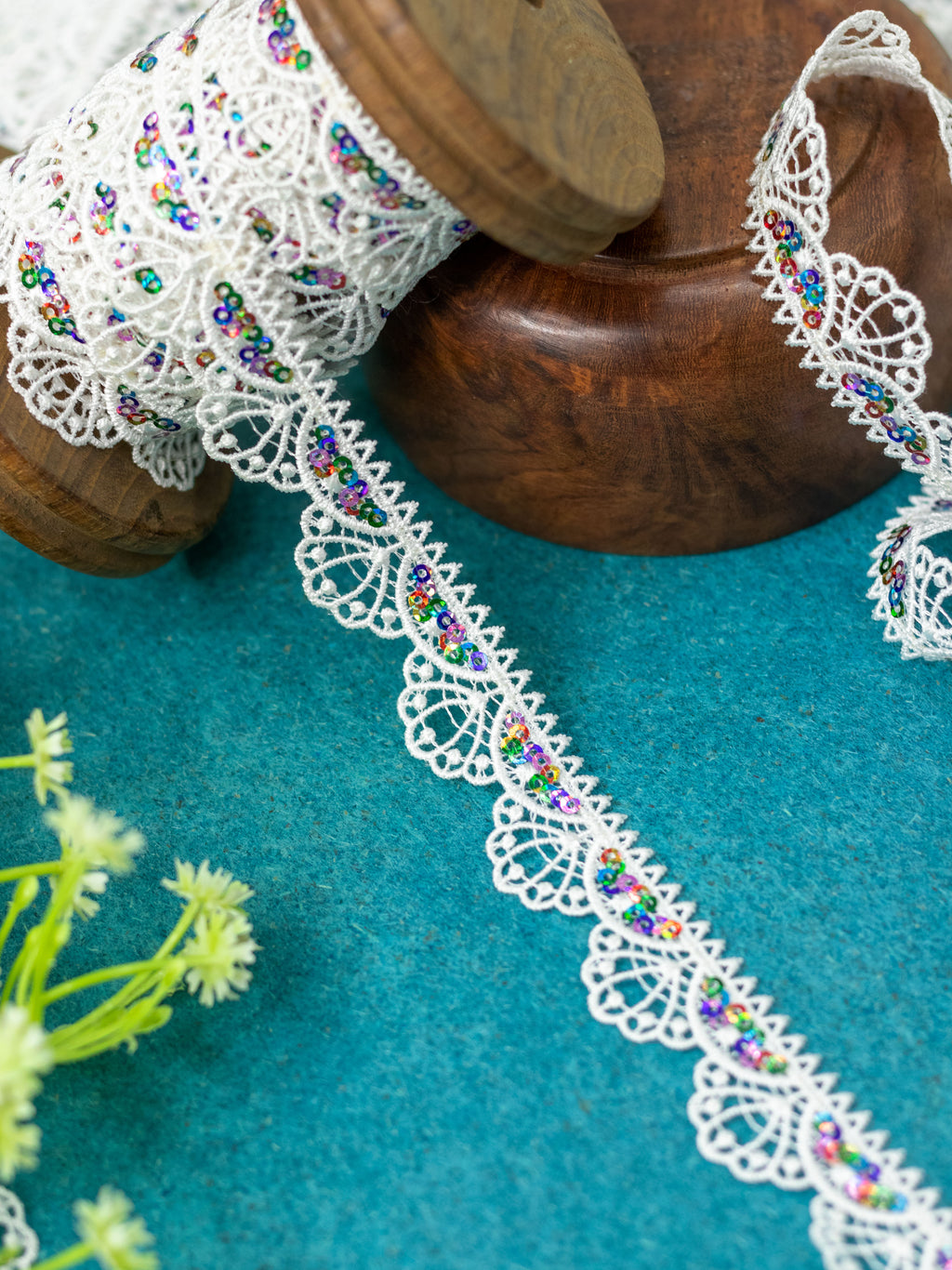 GPO Lace - Rainbow Sequin Floral Scallop Edging (Width - 1 Inch)