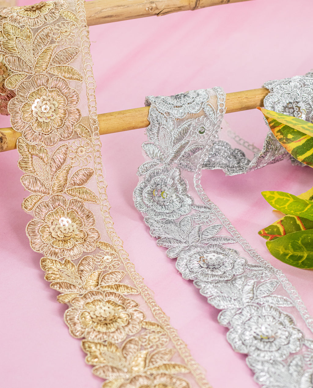 Gold Lace - Gold and Silver Zari Embroidered Roses (Width - 2 inch)