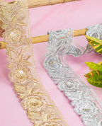 Gold Lace - Gold and Silver Zari Embroidered Roses (Width - 2 inch)