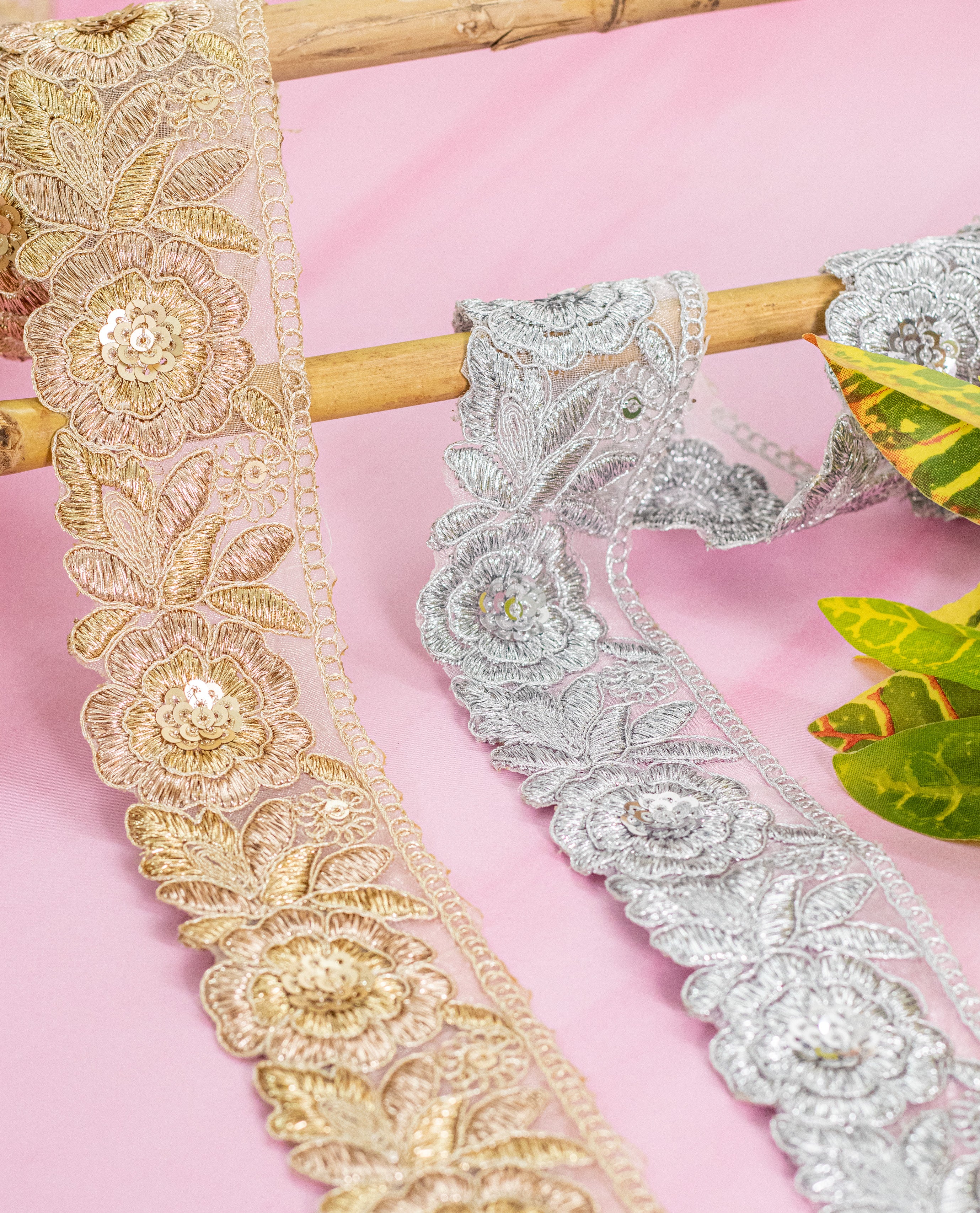Gold Lace - Gold and Silver Zari Embroidered Roses (Width - 2 inch)