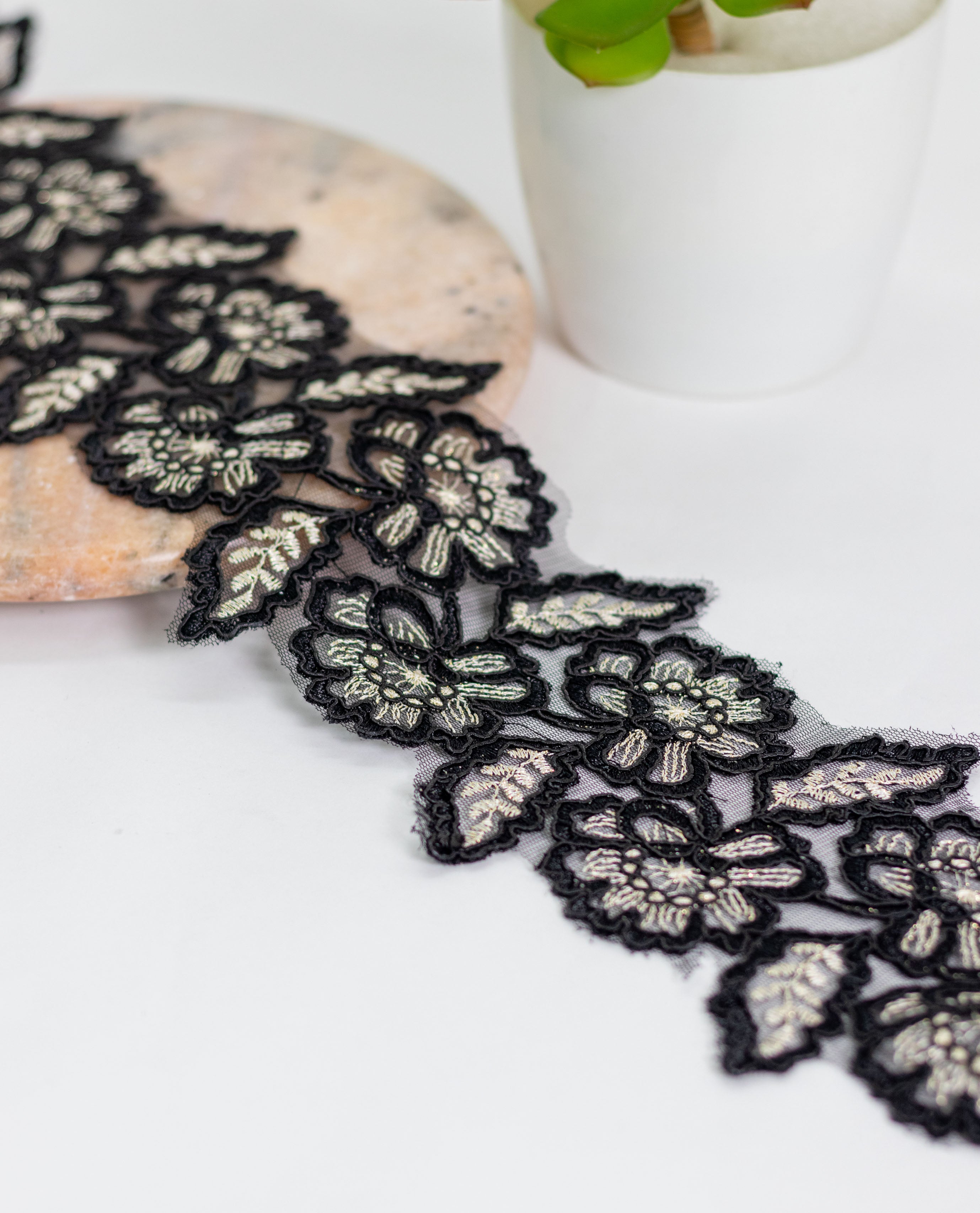 Net Lace - White/Black Cording lace with Gold Zari (Width - 5 inch)