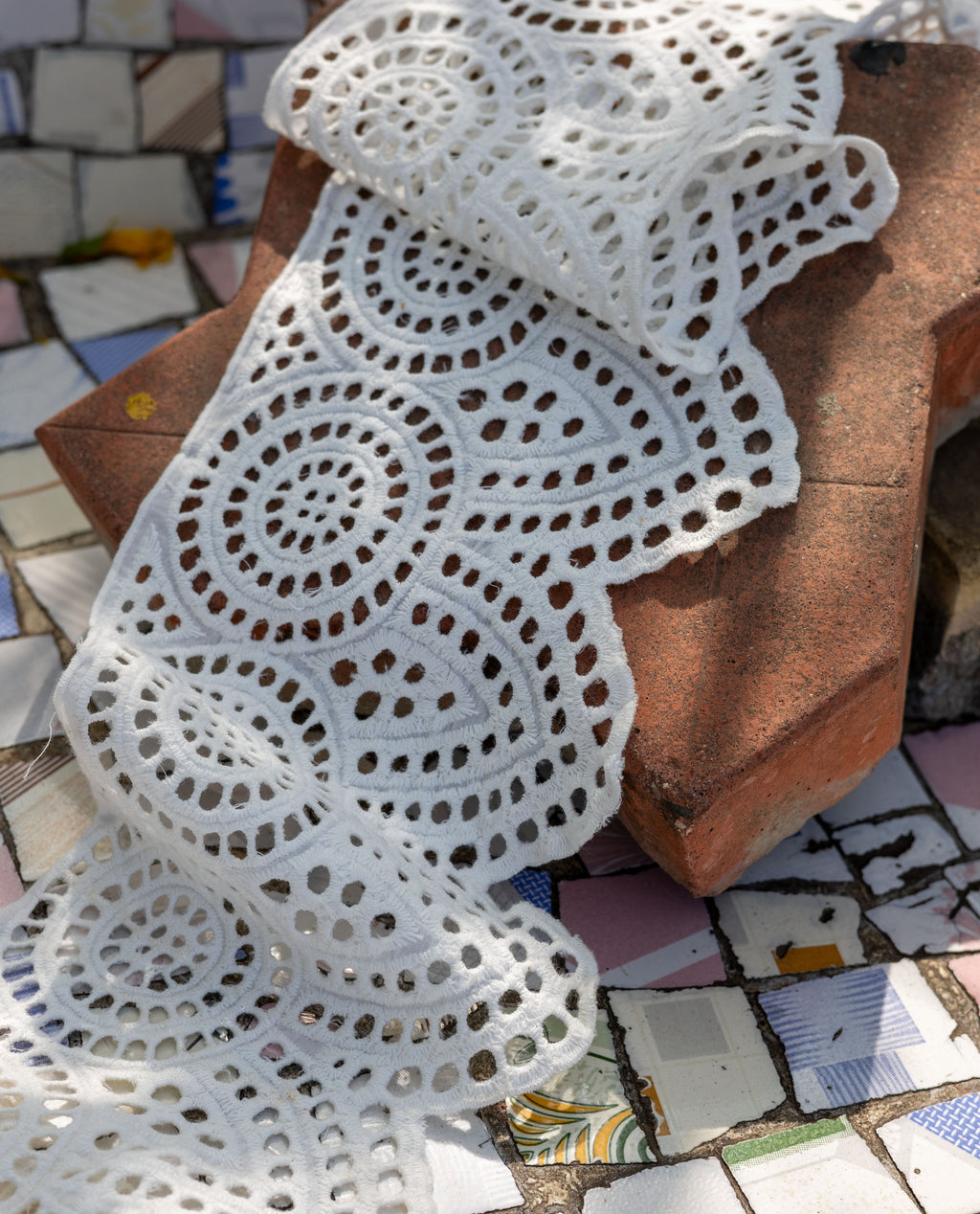 Cotton Lace - Bohemian White Cotton Cutwork Floral Lace Border (Width - 5 inch)